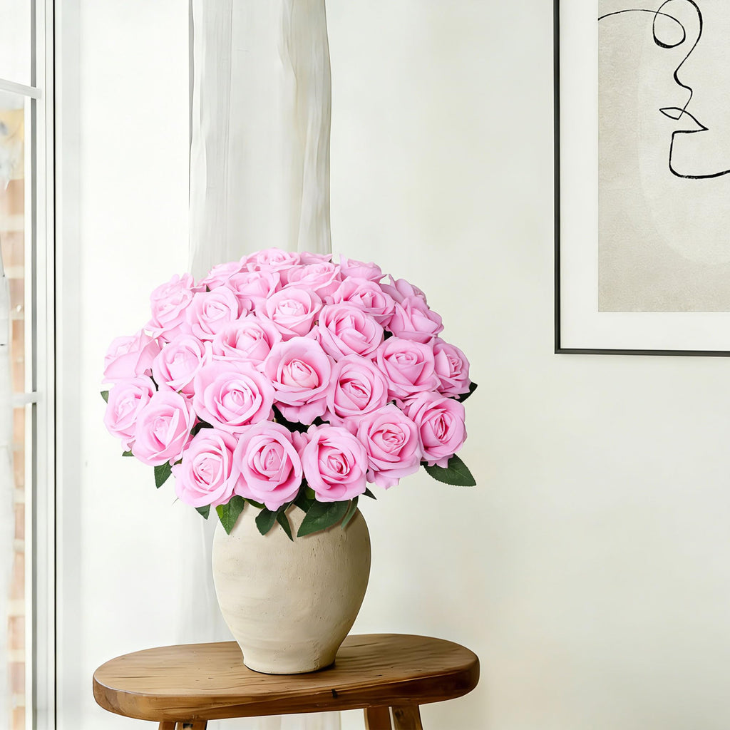 50 PCS Pink Roses Artificial Flowers with Long Stems