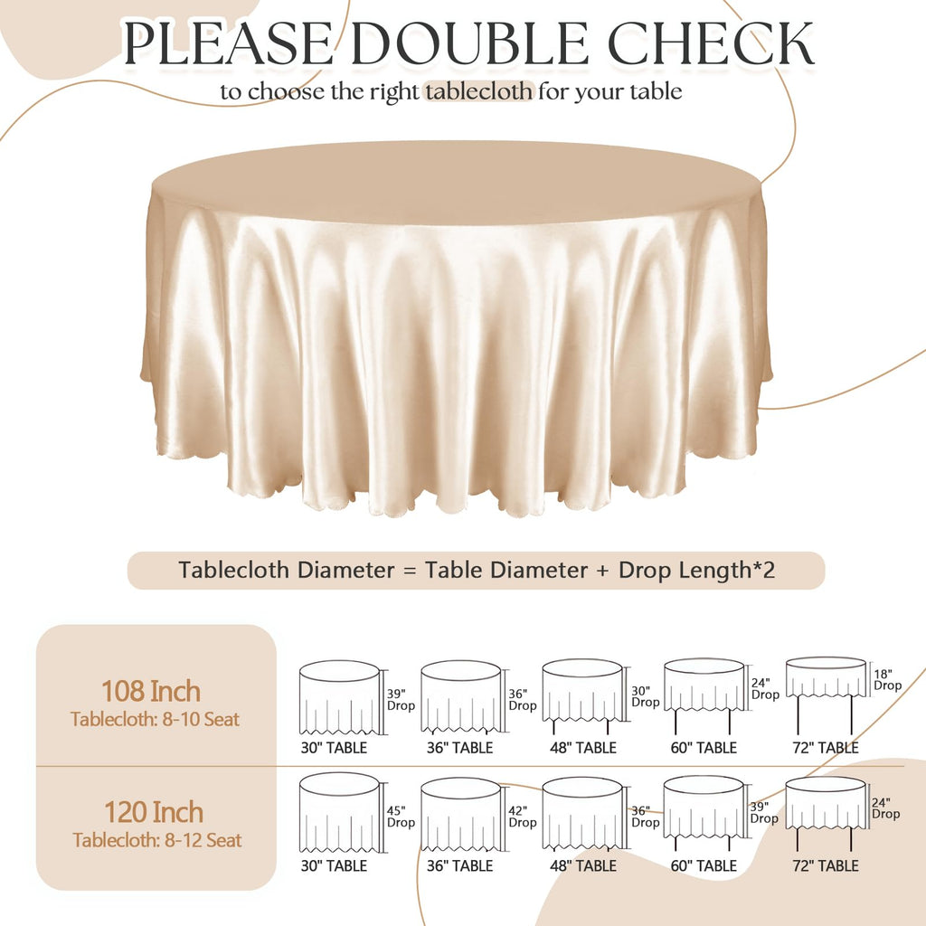 2 Pack 120 Inch Round Satin Tablecloth, Champagne, for 8-12 Seats