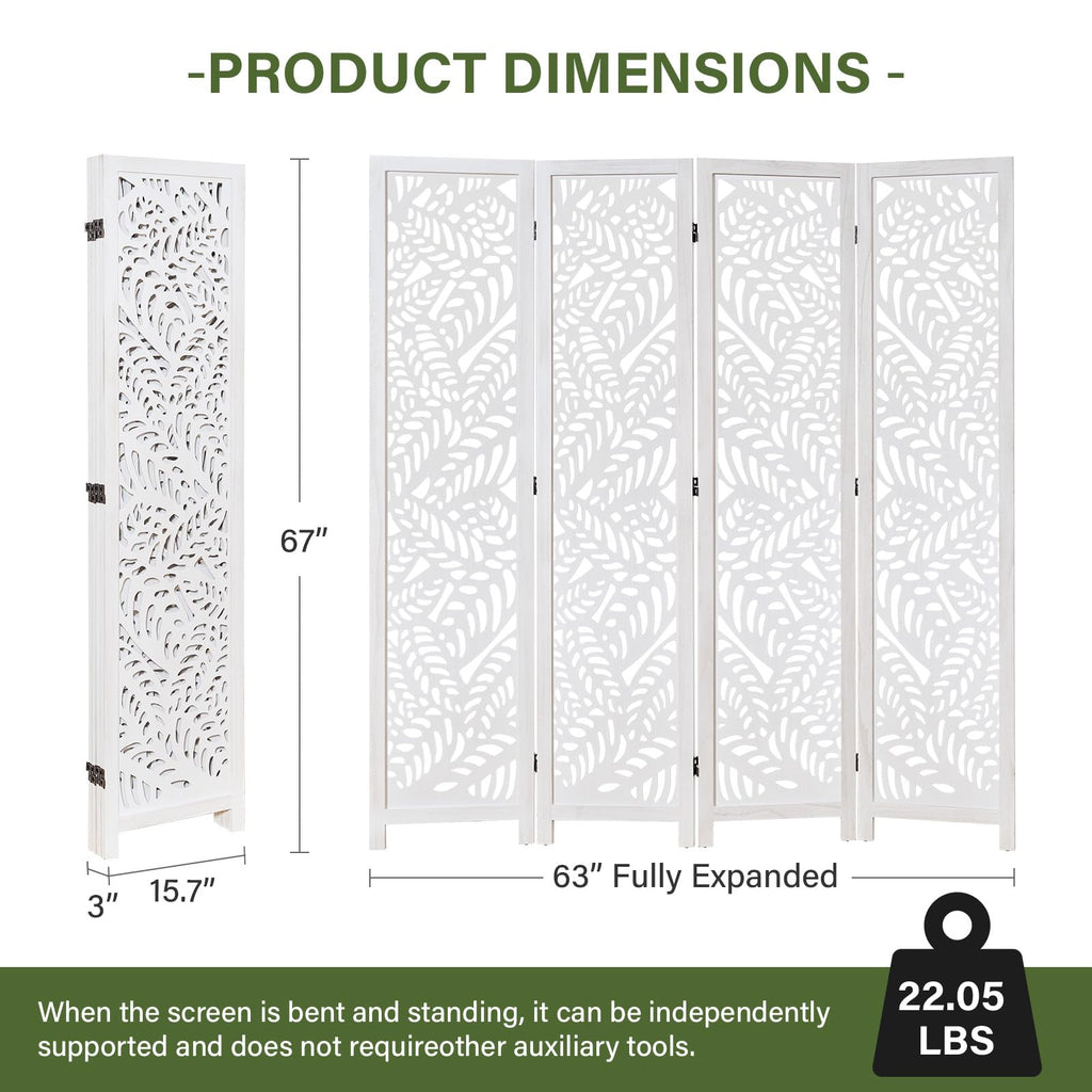 Leaf-Carved Room Divider Privacy Screen - 67 Inch Tall Foading Decorative Wood Screen Dividers Panel - Natural Wood
