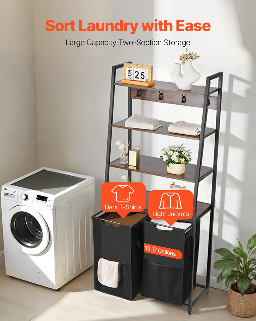 4 Tiers Laundry Sorter, Tall Laundry Hamper with Shelves and Hooks, 2 Section Freestanding Basket Organizer Storage