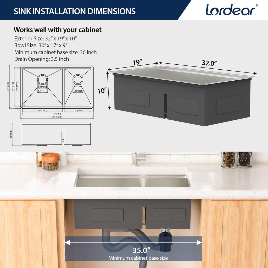 Undermount Double Kitchen Sink 32 Inch 16 Gauge Undermount Workstation 60/40 Double Bowl Sink Stainless Steel with