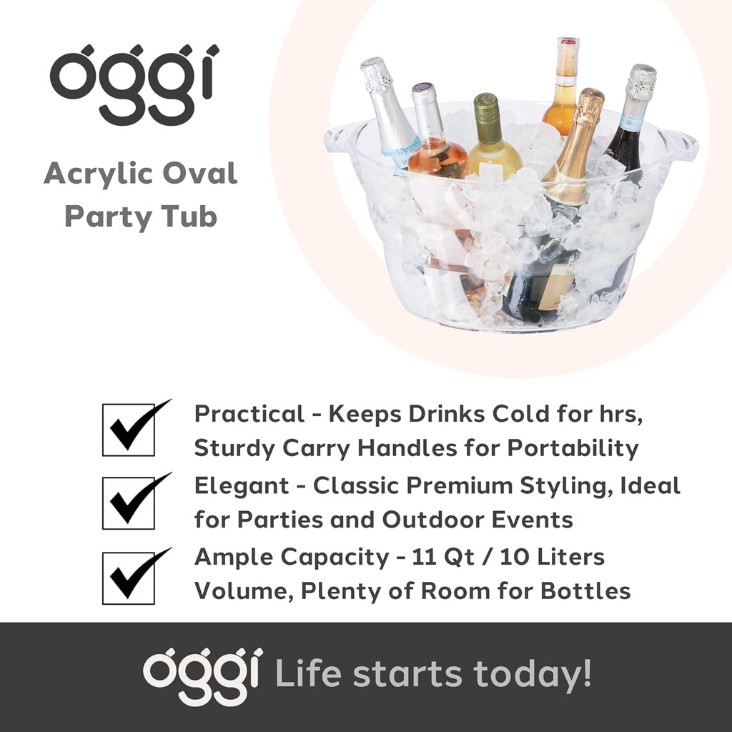 Acrylic Oval Party Tub - Clear Beverage Cooler w/Handles, Wine Cooler, Beer Chiller, Ideal Party Tubs for Drinks, Use