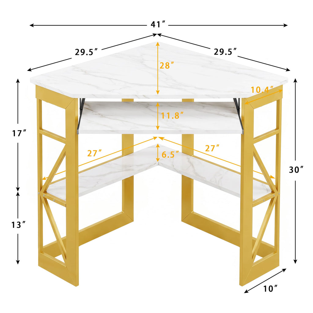 Corner Computer Desk 41 x 30 inches with Smooth Keyboard & Storage Shelves Workstation, White & Gold