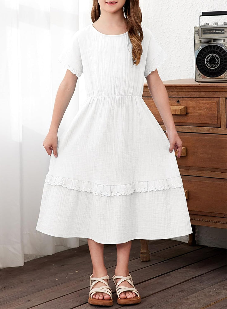 Girls Cotton Short Sleeve Dresses Summer Lace Dress