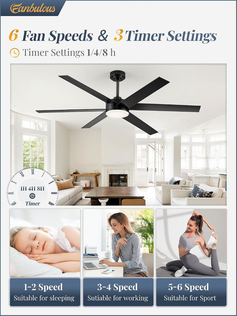 60" Ceiling Fan with Light, 6-Blade Reversible, 3CCT, Black
