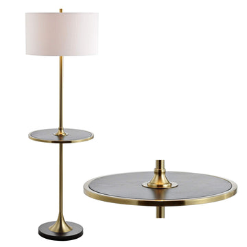 Luce Floor Lamp with Wood Side Table 59", Black/Brass Gold
