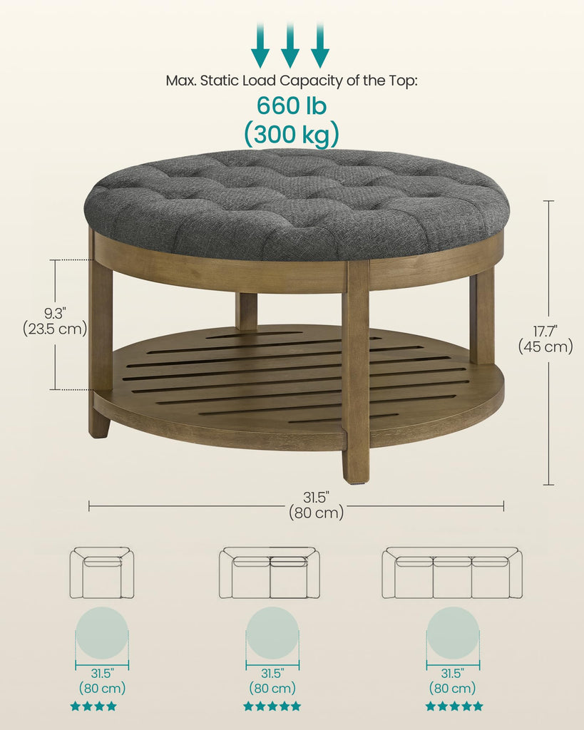 Round Coffee Table with Storage, Solid Wood Frame