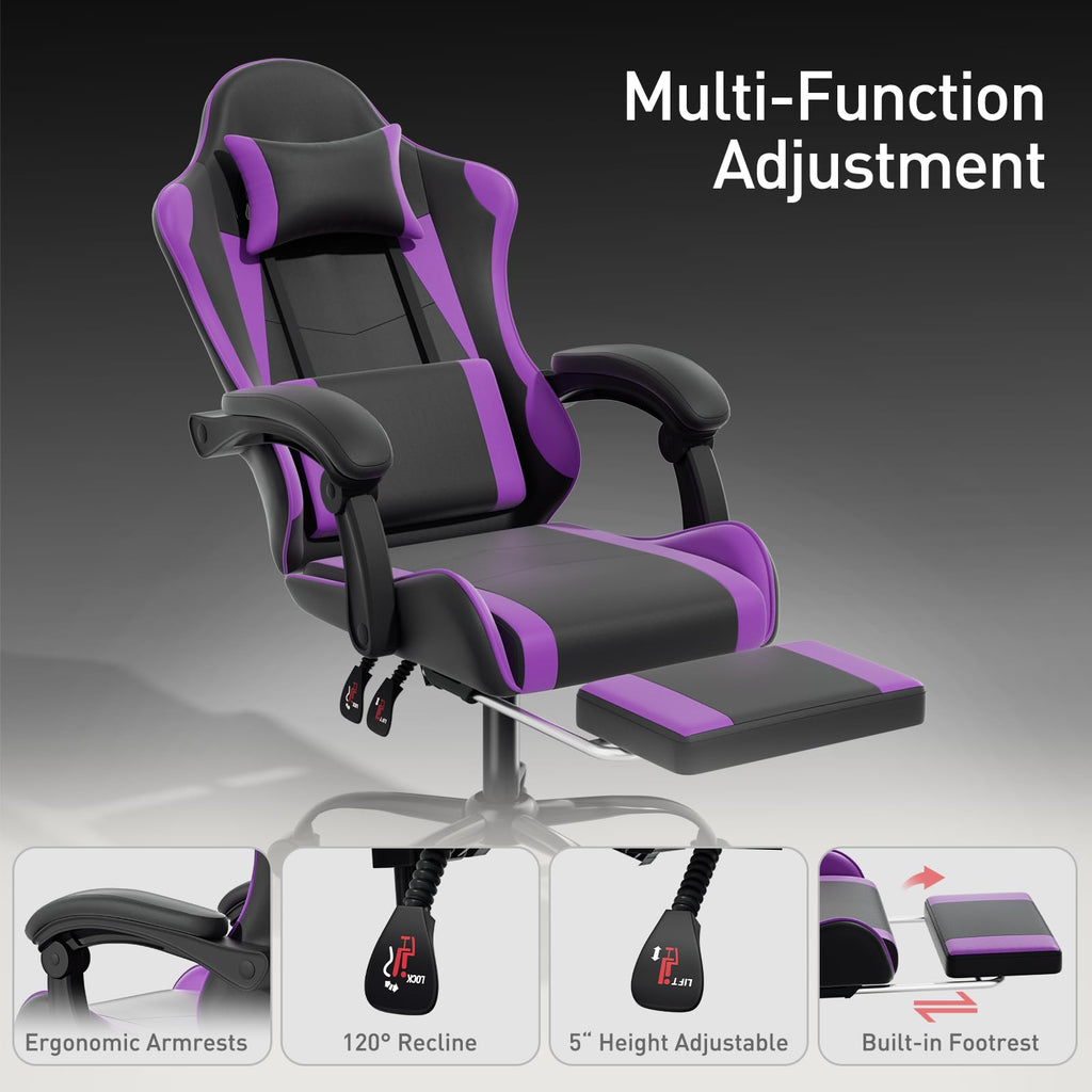 Gaming Chair, Footrest & Lumbar Support, Height Adjust, Purple