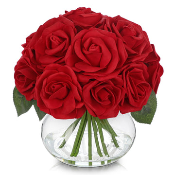 Red Roses Artificial Flowers in Vase Silk Fake Red Roses Bouquet Flowers Rose Floral Arrangements with Glass Vase