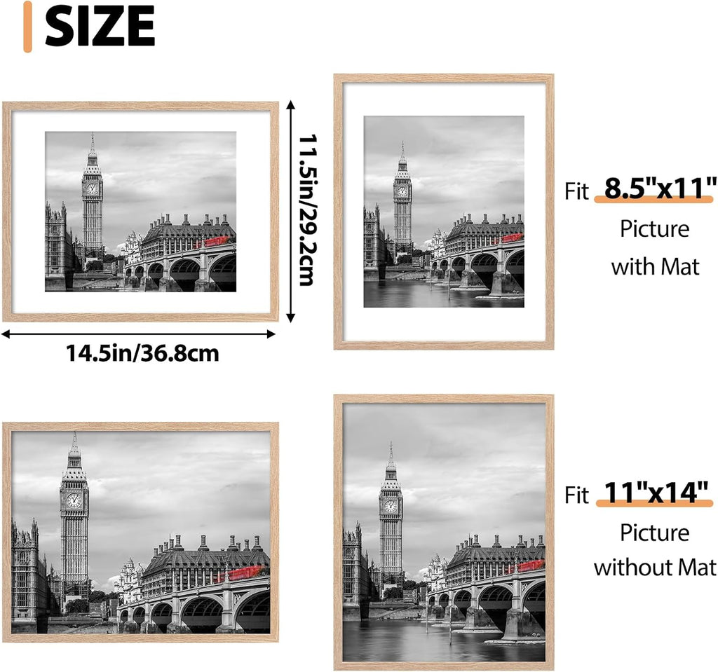 11x14 Picture Frame Set of 6, 8.5x11 with Mat, Wall Mount, Natural | Shatter Resistant Plastic Cover, Thin Border and
