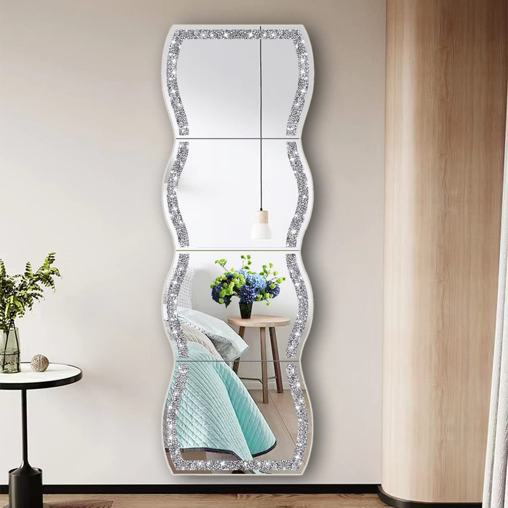 Wave Pattern Crushed Diamond Body Mirror Set - 4pcs 11x15 inch Dressing & Makeup Mirror for Decor, Gym, Door (11x15