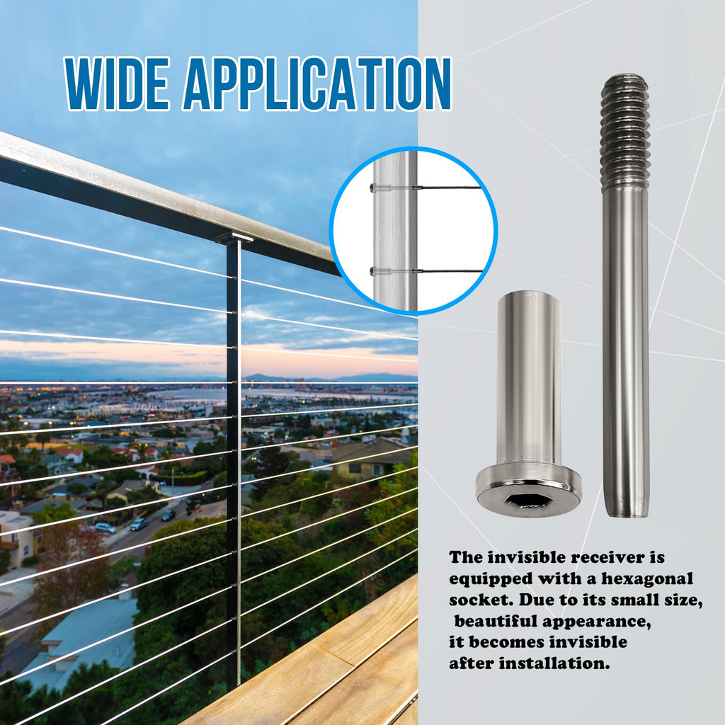 20 Pack Invisible Cable Railing Hardware, 1/8" T316 Stainless Steel Invisible Receiver, Swage Tensioner 1/8" for Wood