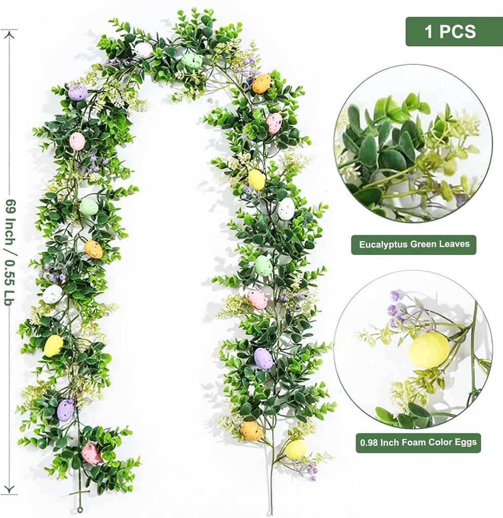 6FT Easter Garland with Muticolor Eggs and Greenery Leaves-Farmhouse Artificial Spring Vine Centerpiece - Set of 6