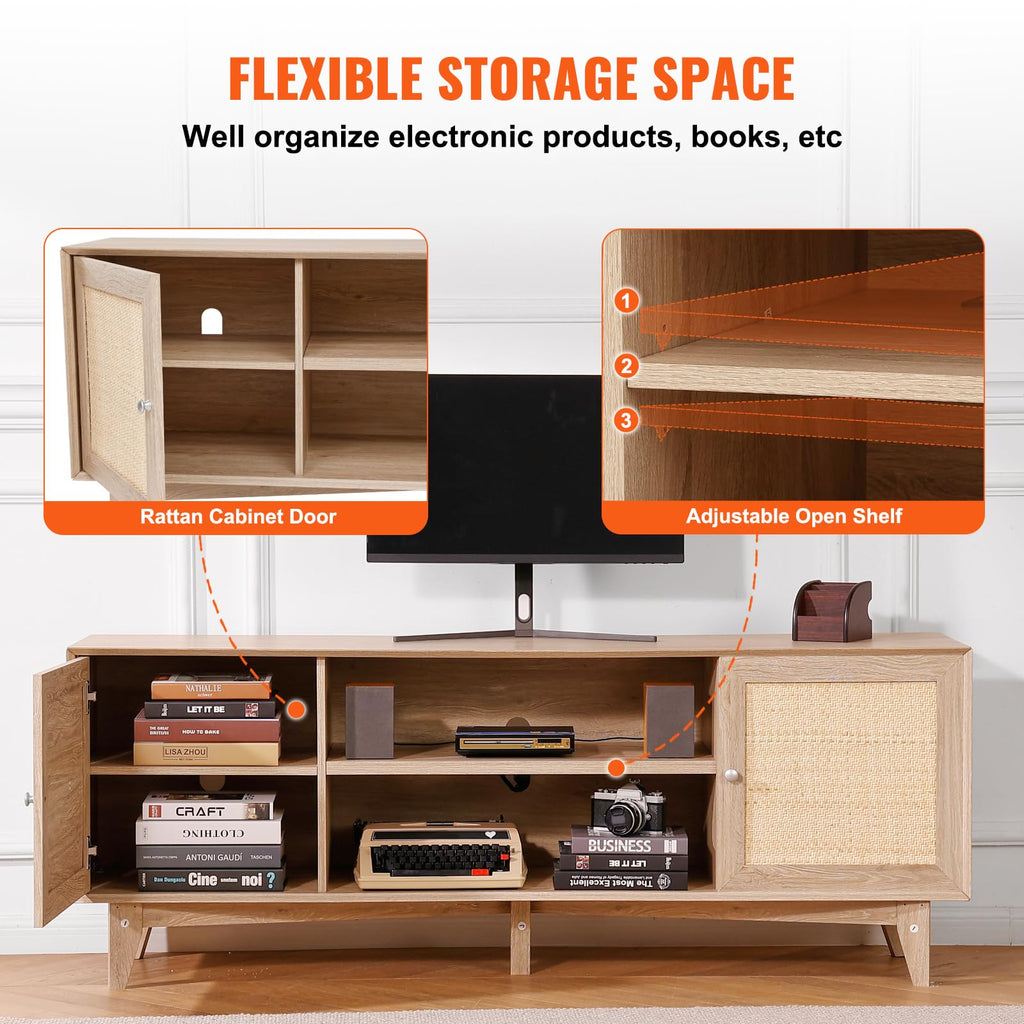 Rattan TV Stand, Mid Century Modern TV Stand for 75 inch TV, Boho Rattan TV Cabinet with Build-in Socket and USB