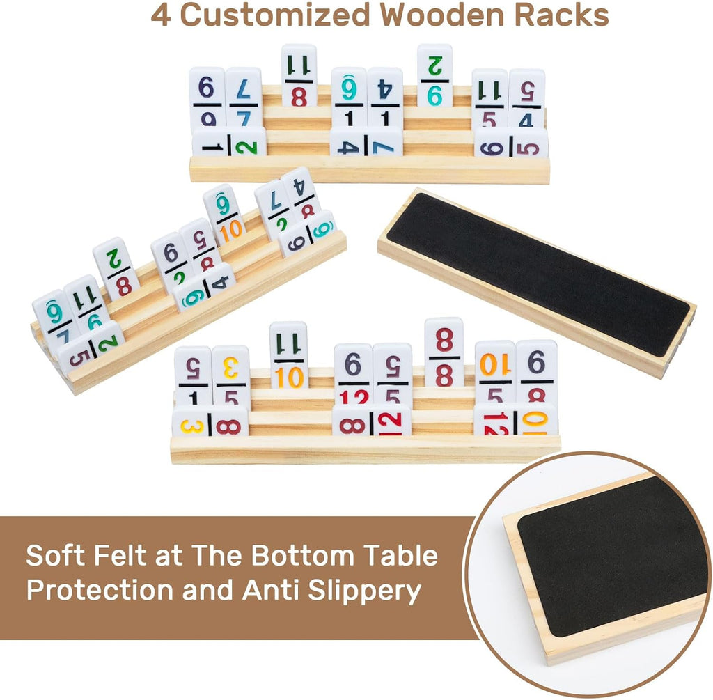 Mexican Train Dominoes Set with Numbers and 4 Wooden Trays/Racks, Double 12 Dominos Travel Set with 4 Tiles Holders