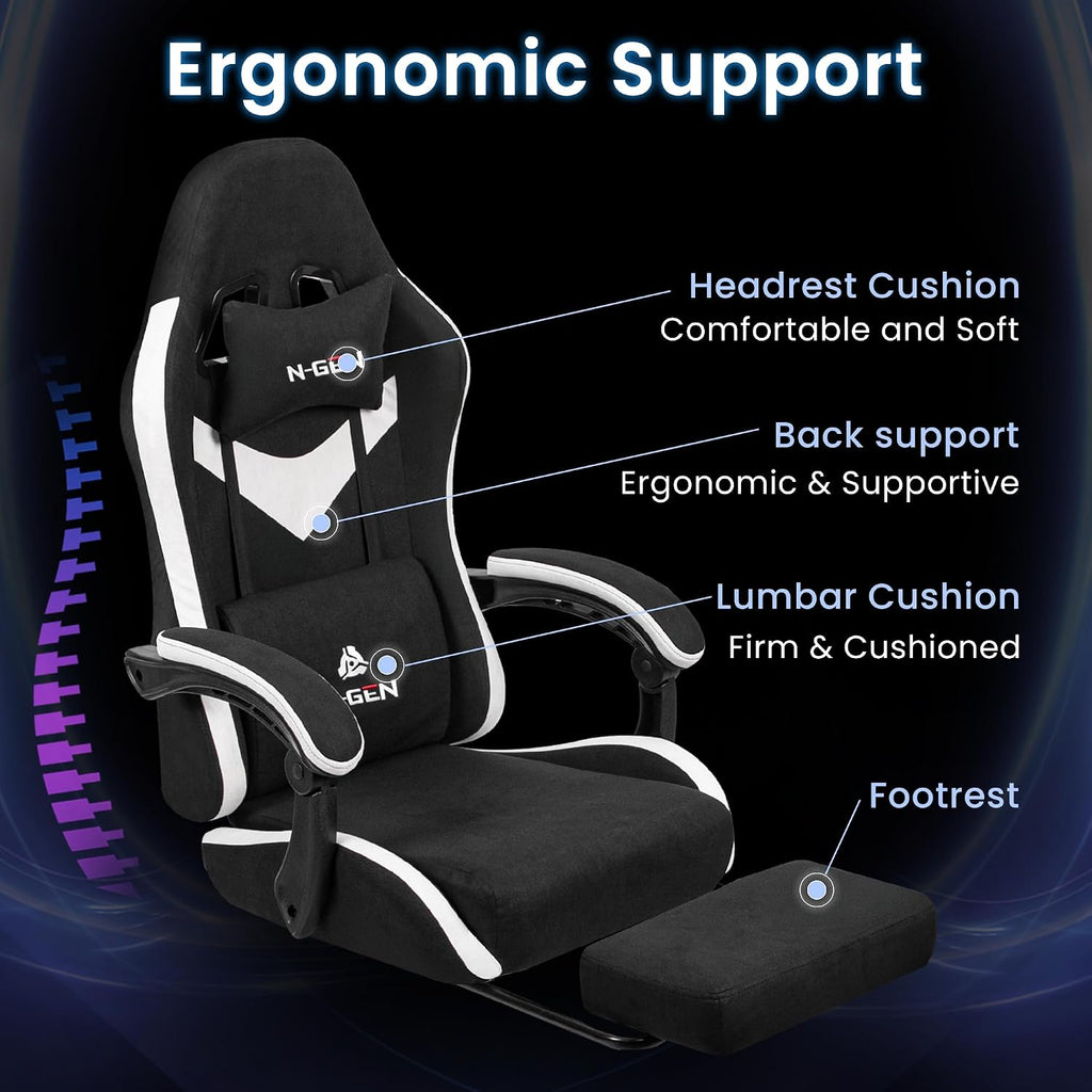 Gaming Chair, Lumbar Support with Breathable Fabric, Black | Ergonomic Design with Linkage Armrests, Adjustable