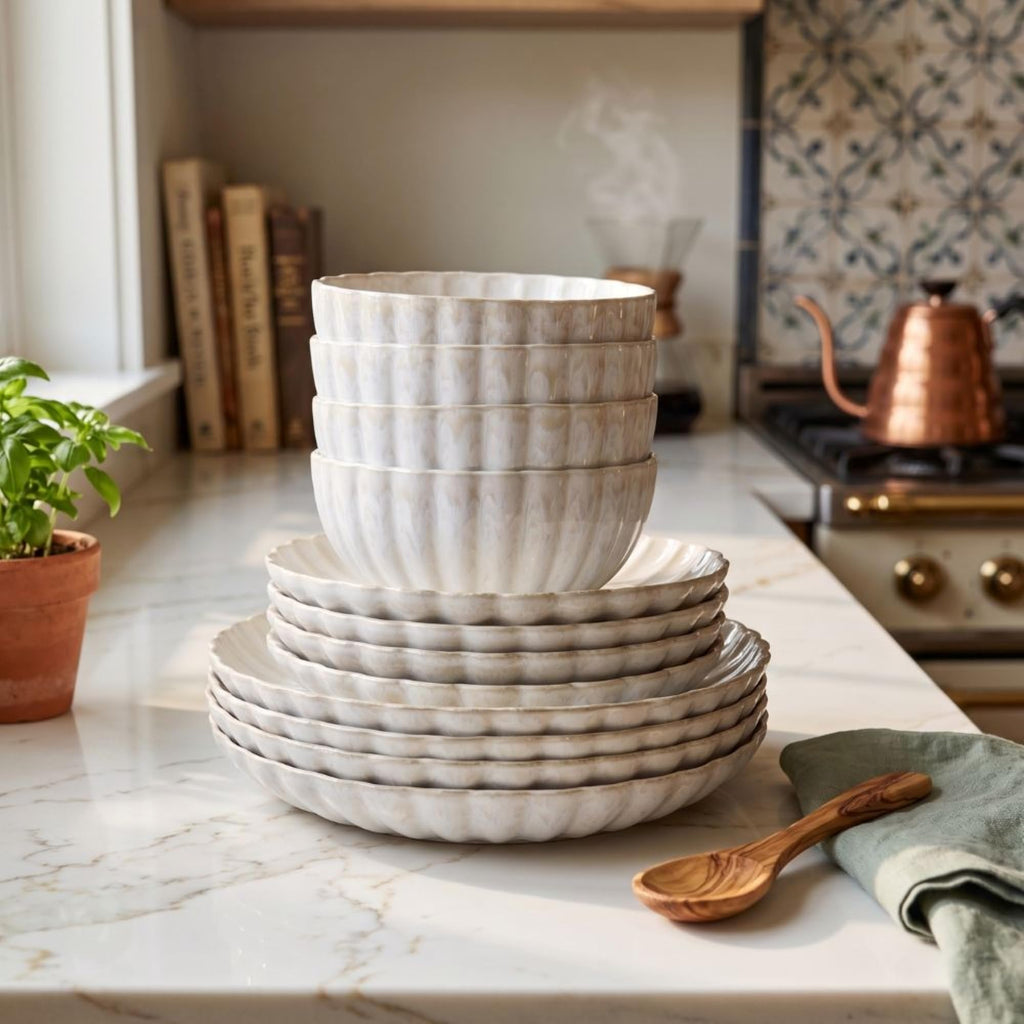Ceramica Kea 12 Piece Stoneware Dinnerware Set for 4, Reactive Glaze Plates and Bowls Set, Modern Neutral Tone