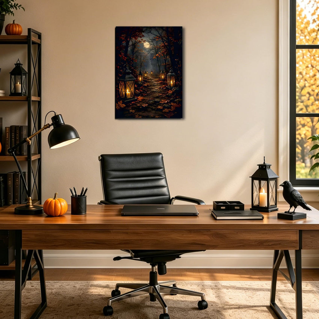 Mystical Forest Framed Canvas Wall Art, Moonlit Path and Glowing Lantern Pictures, Fall Woodland Artwork Bedroom