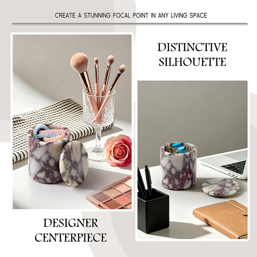 Luxury Natural Calacatta Viola Marble Qtip Holder with Lid - 3.9 Inch Round, Large Capacity Apothecary Jar for Cotton