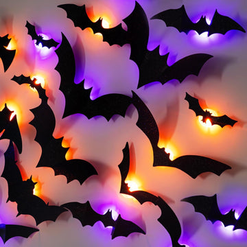 Halloween Bats Stickers with 60 Purple and Orange Lights, Lighted 3D Bat Wall Stickers, Halloween Decorations - Set of 100
