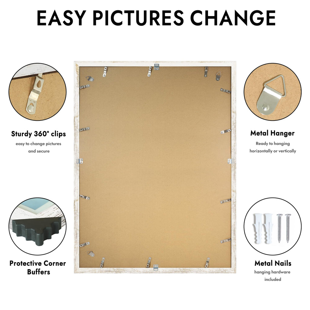 24x32 Poster Frame, Distressed White Wood Style, Wall Mounting