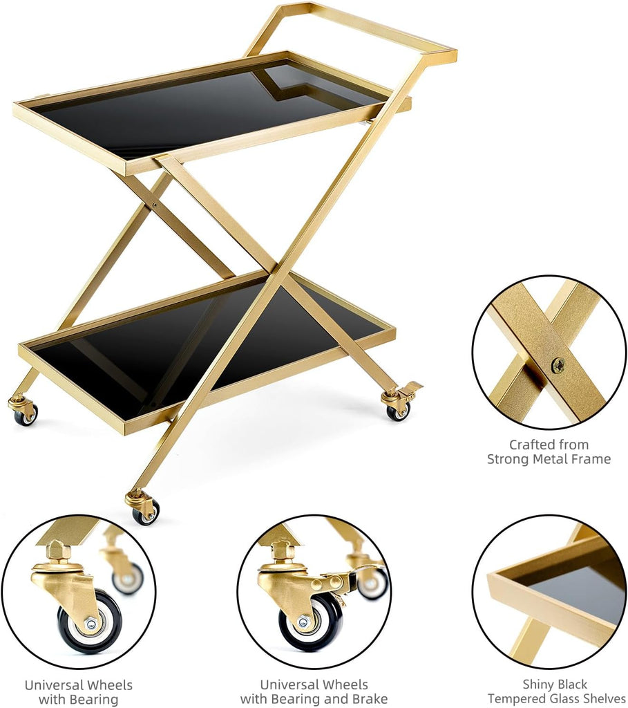 Gold Finish Bar Cart on Wheels, No-Tool Assembly 2-Tier Serving Cart with Black Tempered Glass Shelves & Locking