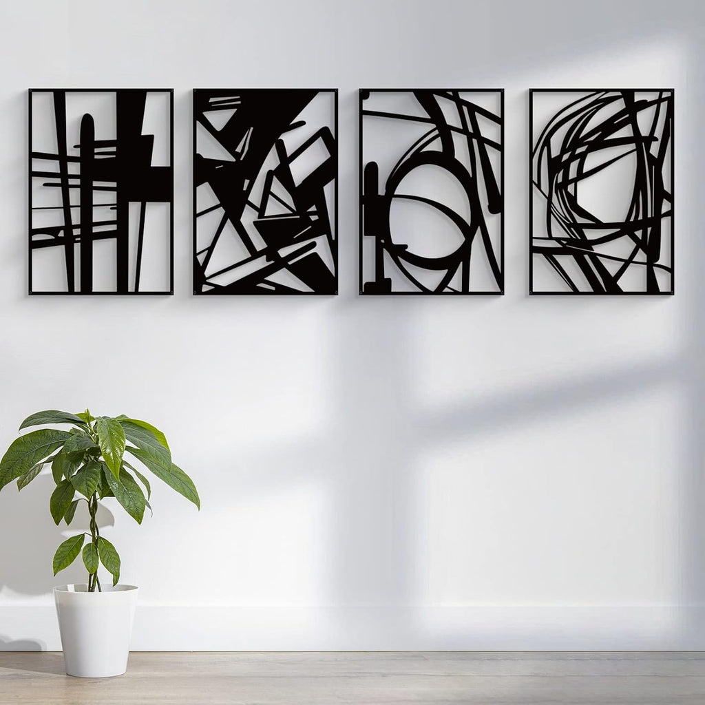 Black Abstract Metal Wall Art, Minimalist Décor Single Line Art Wall Décor, 3D Textured Metal Wall Sculptures - Set of 4