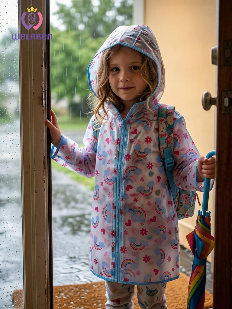 Girls Hooded Printed Rain Jacket Lightweight Water Resistant Raincoat with Zipper