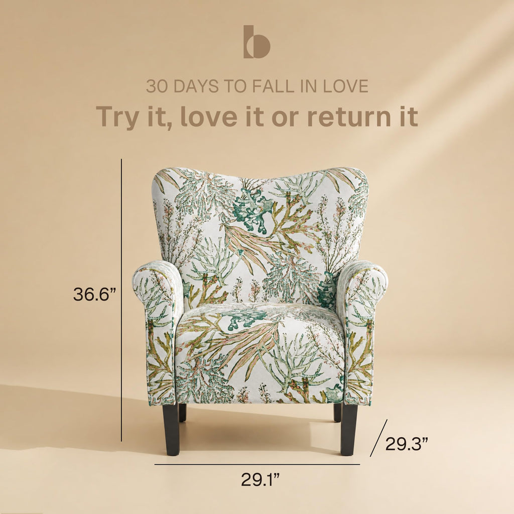 Modern Accent Chair, High Back Linen Armchair with Wooden Legs, Upholstered Wingback Side Chair Padded Armrest