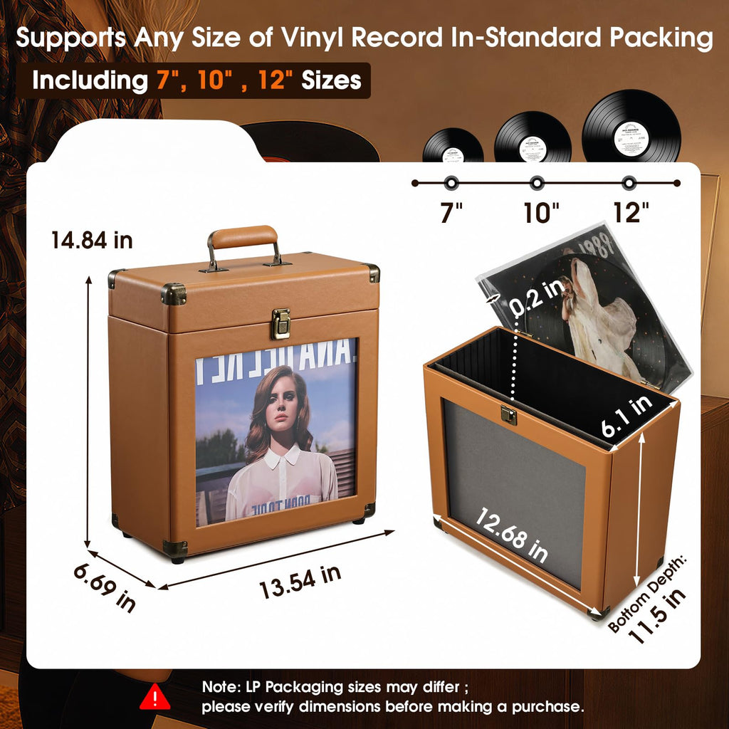 Vinyl Record Storage Box with Lock Record Organizer Storage for 30+ Single Records 12-inch Water Resistant