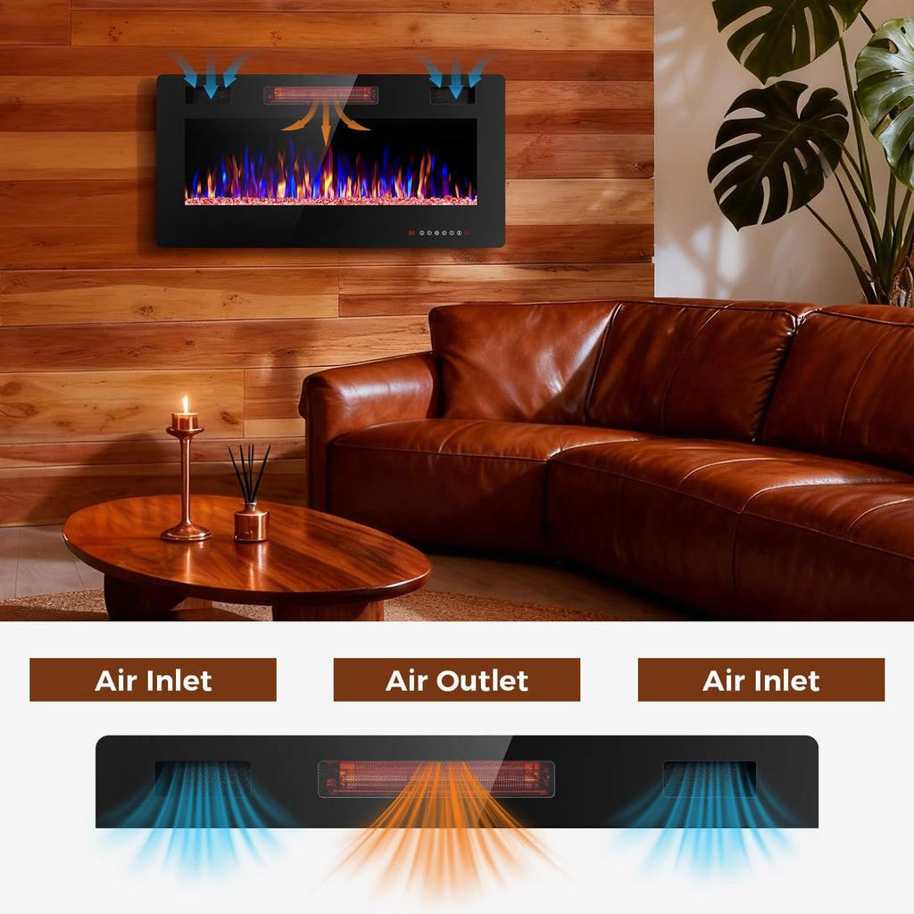 36 Inch Electric Fireplace Insert Ultra-Thin - Recessed & Wall-Mounted Fireplace Heater with Thermostat, Adjustable