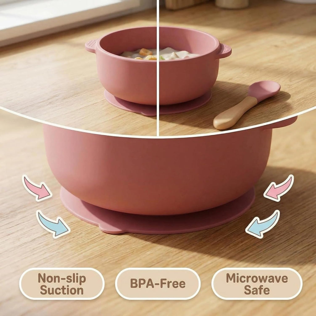 Feeding Set with Suction Bowls, Divided Plate, Adjustable Bib, Wooden Handle Utensils, Training Cup, Piece Weaning
