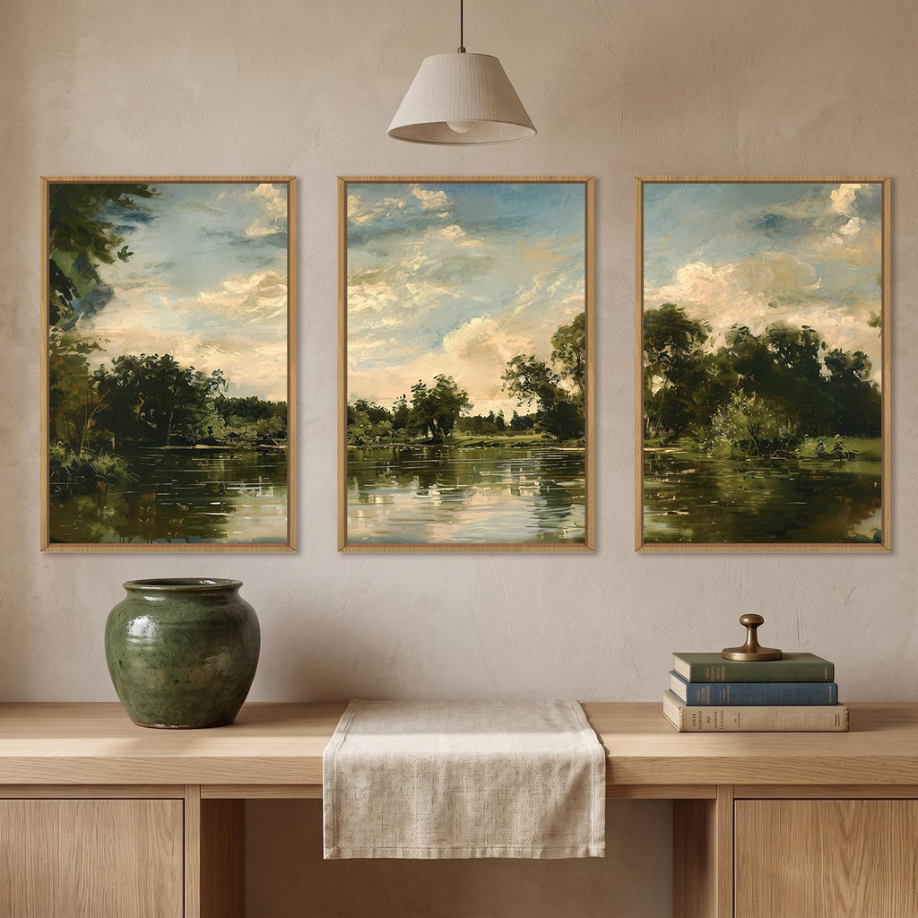Vintage Sage Green Lake Landscape Framed Canvas Wall Art Set, Watercolor French Country Forest Wall Decor, Rustic