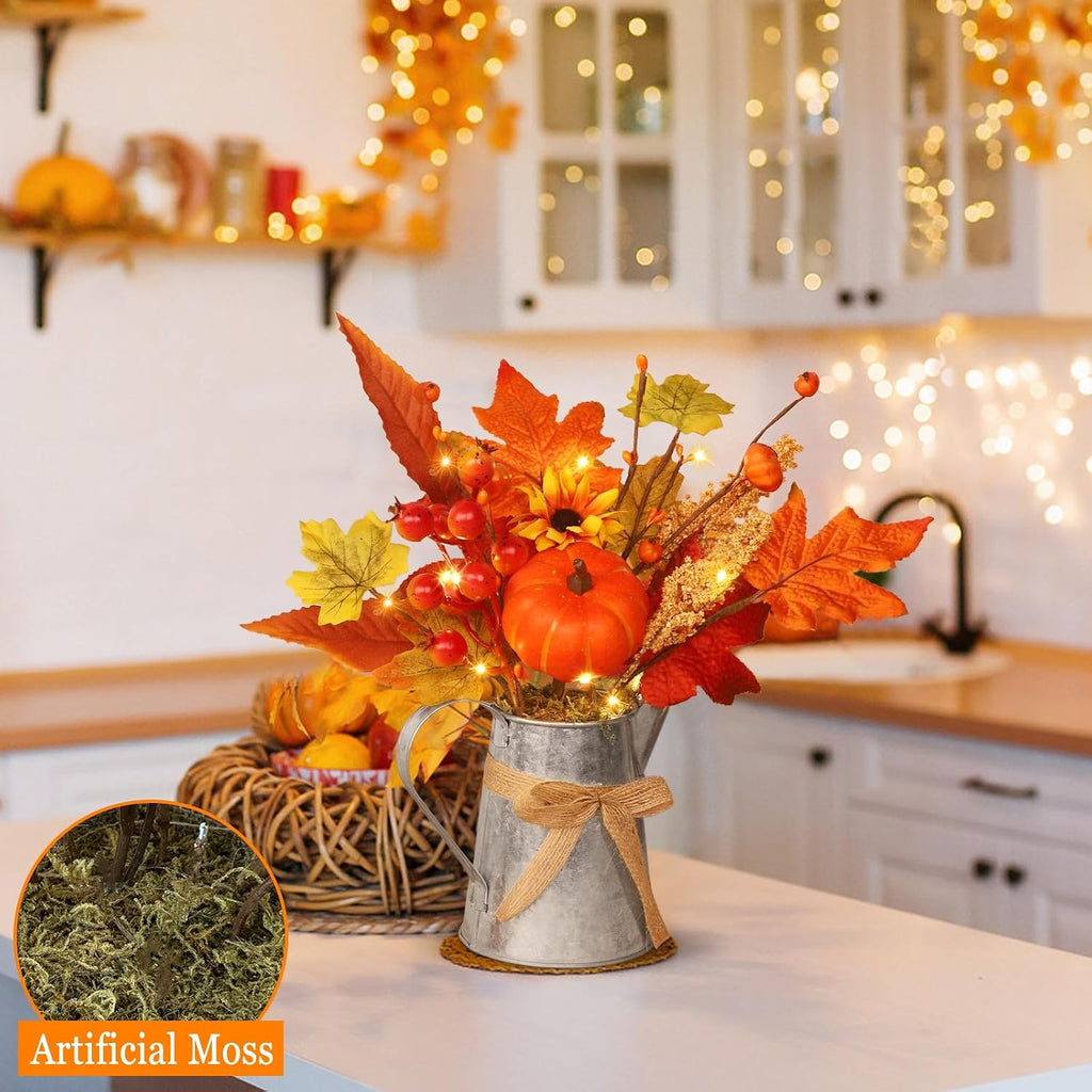 [Light & Timer] Fall Decor Table Centerpiece Rustic Metal Milk Jug with Artificial Orange Maple Tree Pumpkin