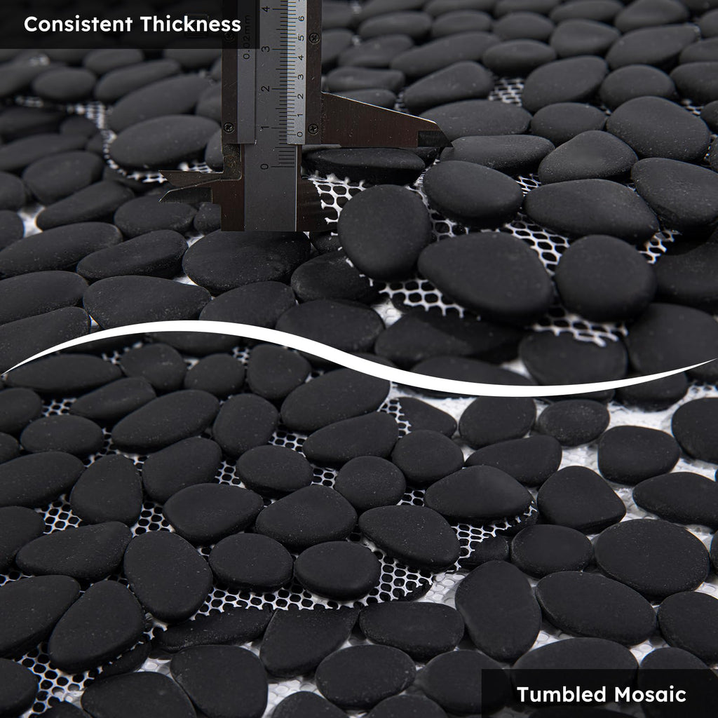 Pebble Tile for Shower Floor, Black Oval Tumbled, 5 Sheets