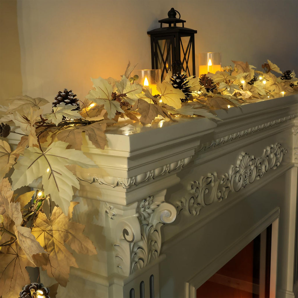 6 FT Fall Garland with Lights & Timer with Berries Pine Cones