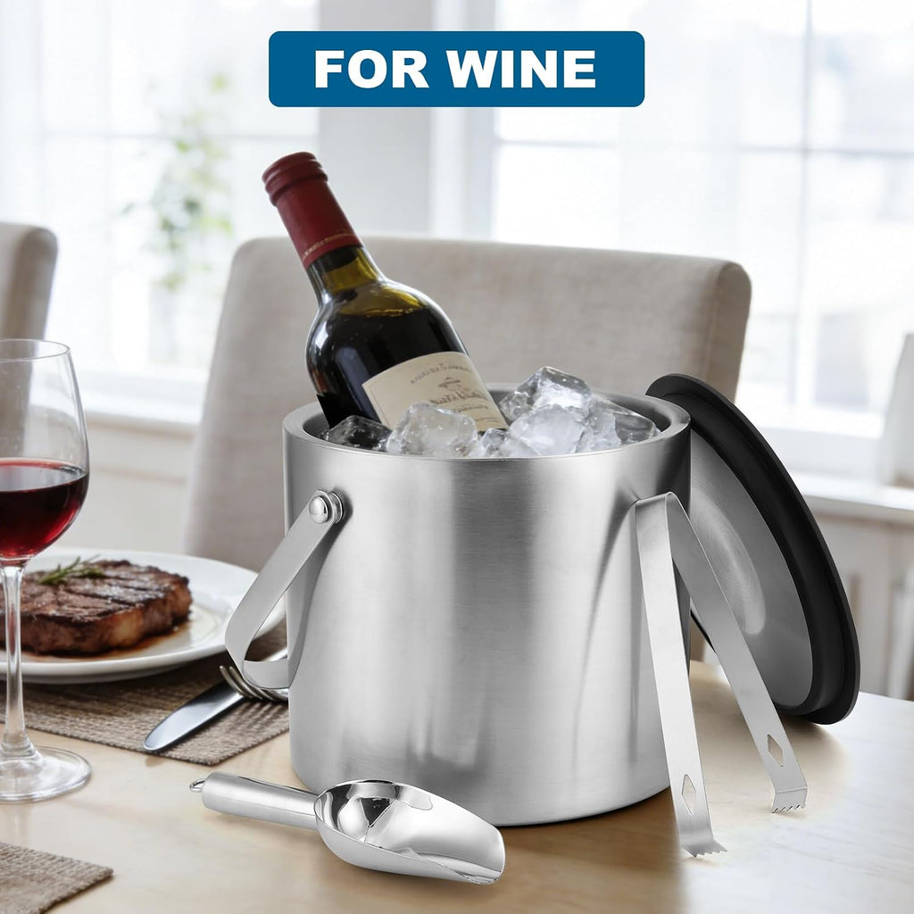 4L Stainless Steel Ice Bucket for Parties Double wall with Lid,Scoop& Tongs