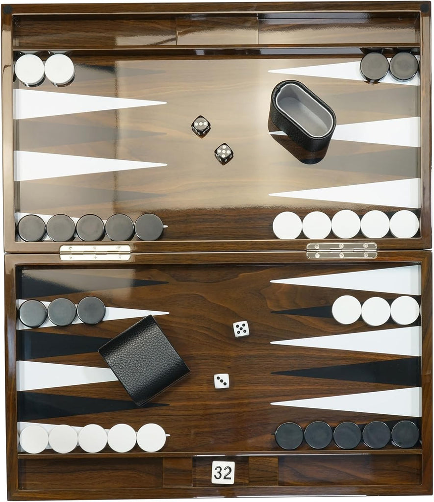 Deluxe Wood 18" Lacquered Backgammon Board Game Set with Premium Leather Dice Cups and Acrylic Game Chips
