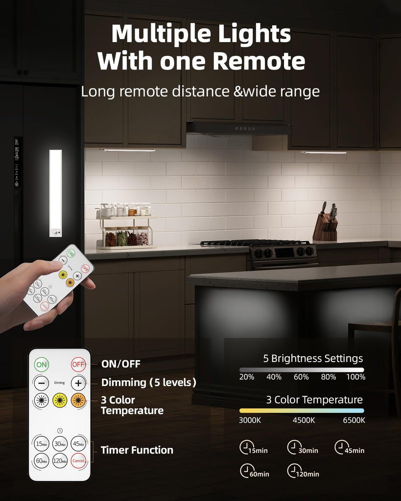 12inch Under Cabinet Lighting with Remote, 2400mAh Rechargeable Motion Sensor Light Indoor, Wireless Closet Lights