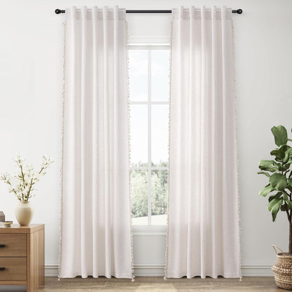 Natural Boho Linen Curtains 84 Inches Long 2 Panels Cream Beige Semi Sheer Curtain Tassel Rod Pocket Back Tab Light