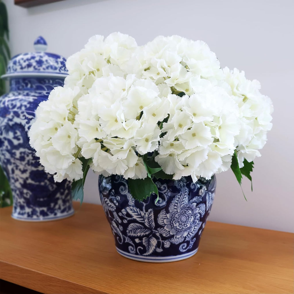 White Silk Hydrangea Flowers with Stems - Set of 12