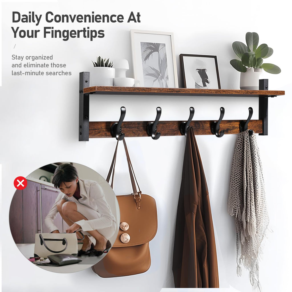 29" Rustic Coat Rack Wall Mount with Shelf, Entryway Wall Hooks with Shelf, Coat Hangers, Rustic Black