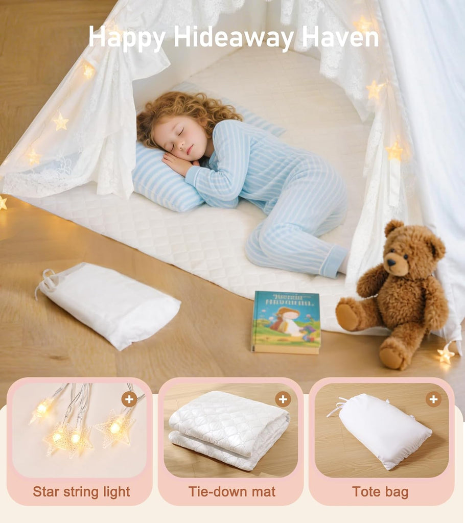 Teepee Tent for Kids with Star Lights, Mat & Carry Bag