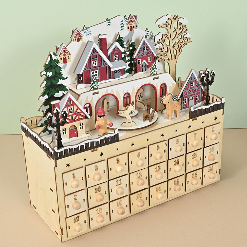 Wooden Advent Calendar, Hand Carved Christmas Calendar With House Tree LED Lights 24 Days With 24 Compartments