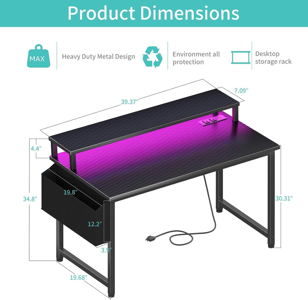 Gaming Desk with Power Outlets and LED Lights, 40 Inch Gamer Desk Table with Charging Station, Home Office Computer