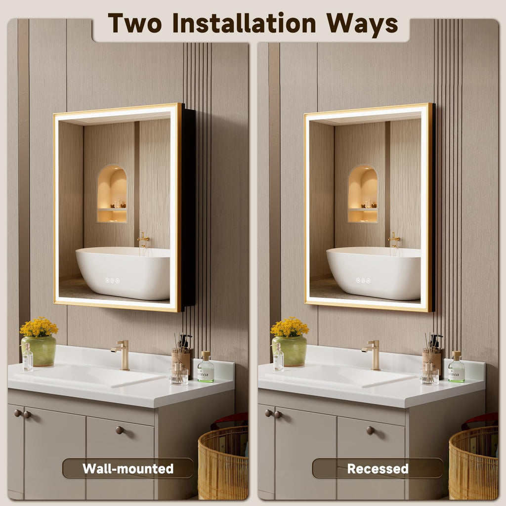 24x30 Inch Lighted Medicine Cabinet Aluminum Frame 3-Color Dimmable LED Anti-Fog Mirror Surface & Recessed Mount