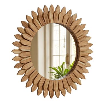 28" Round Sunburst Wooden Mirror Boho Rustic Wall Decor