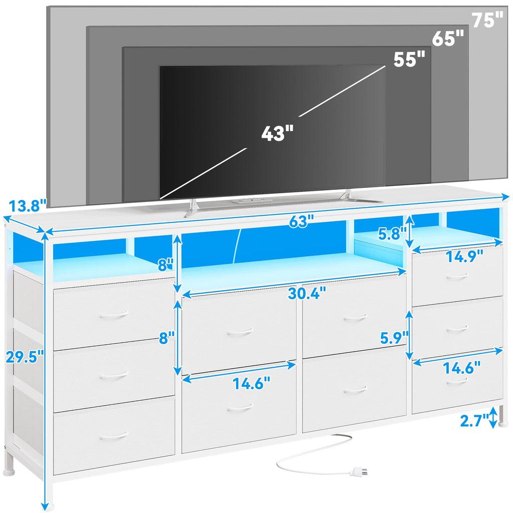 Dresser with LED Lights & Power Outlets, 63 Inch TV Stand Dressers with 10 Fabric Drawers, Entertainment Center with