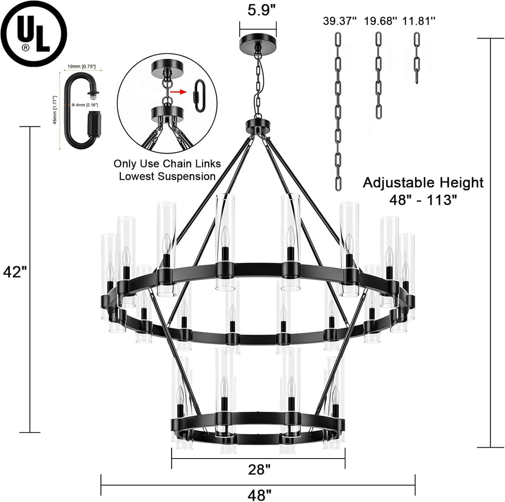48 Inch Black Wagon Wheel Chandelier 2 Tier with Glass Shade, 24 Lights, Modern Farmhouse Style, Ideal for Dining Room, Kitchen, Entryways A115-B0CHF77S48
