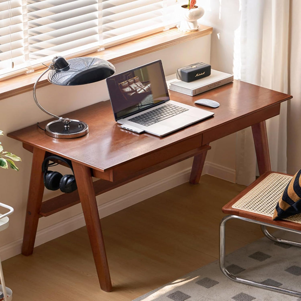100% Solid Rubber Wood Desk, Mid Century Modern Writing Computer Desk in Walnut Finish with Drawer, Sturdy Room